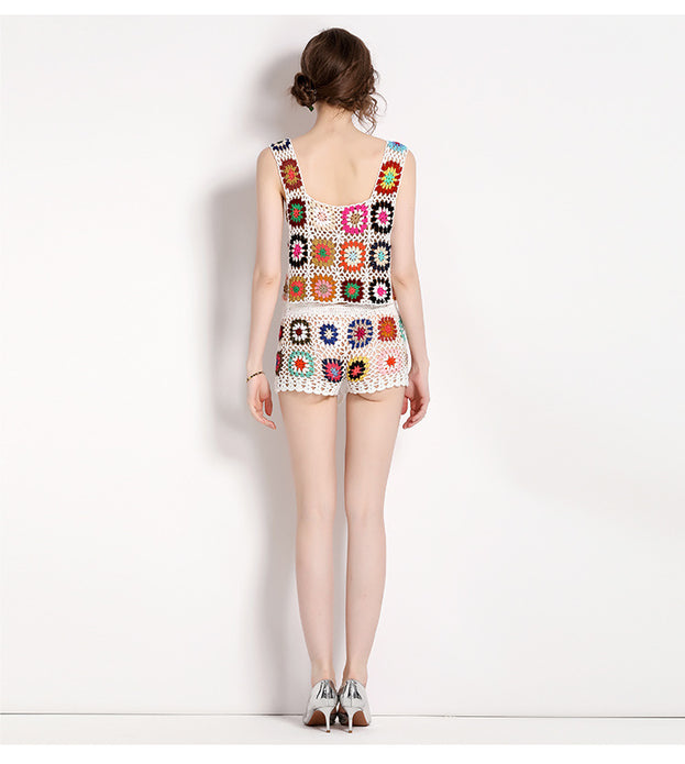 Resort Beach Wind Hand Hook Hollowed Out Vest and Shorts Two Piece Suit