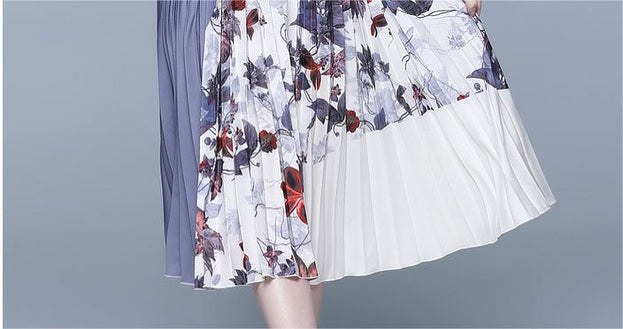 Vintage Print Pleated Short Sleeve Top and Pleated Skirt Fashion Two-Piece Suit