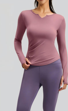 V-Neck Long-Sleeved Pleated Fitted and Slimming Sports Top