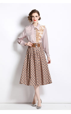 New Women's Temperament Retro Lapel Long-Sleeved Shirt and Mid-Length Skirt Two-Piece Suit