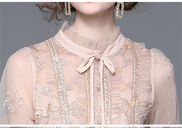 Vintage Mesh Stitching Embroidery Temperament Fashion Long-Sleeved Skirt Dress