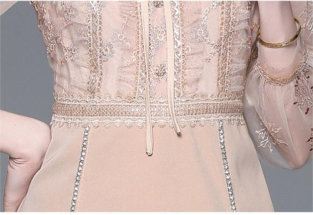 Vintage Mesh Stitching Embroidery Temperament Fashion Long-Sleeved Skirt Dress
