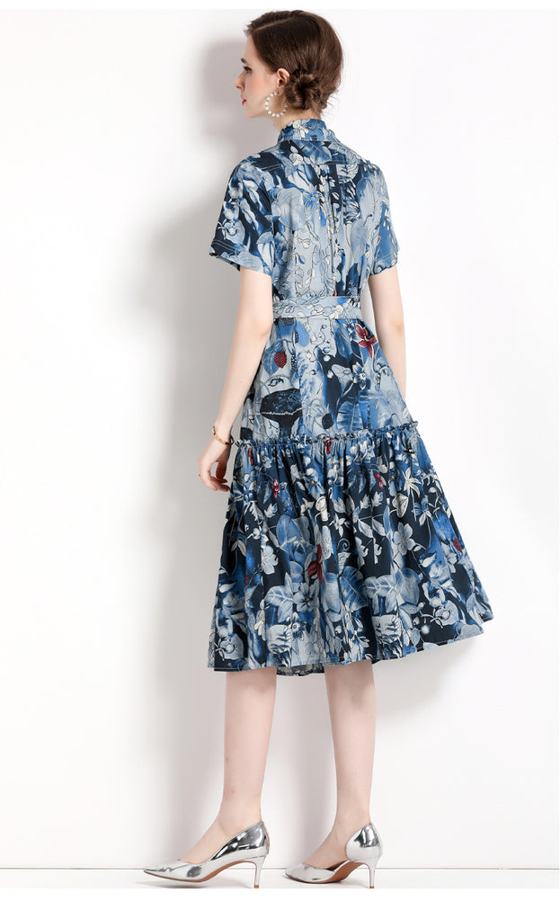 Printed Lapel Short Sleeve Waist Slimming Mid-Length Dress