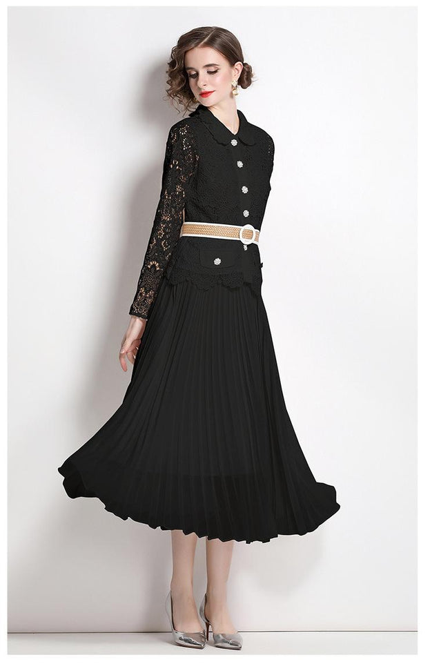 Water-Soluble Pleat Splicing Chiffon High-Waisted Lapel Long-Sleeved Fake Two-Piece Long Skirt Dress