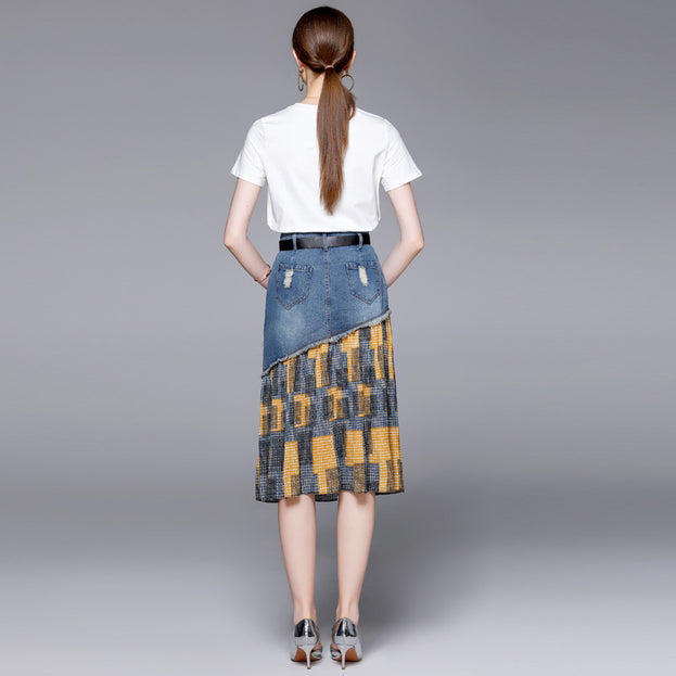 New Women's Crew Neck Short Sleeve T-shirt and Temperament Fashion Ftitching Denim Skirt Two-Piece Suit