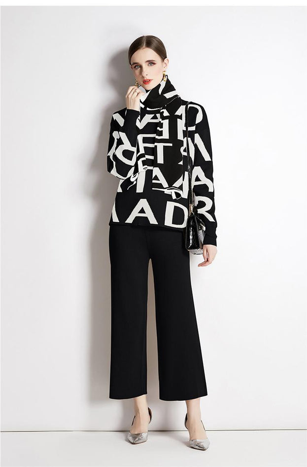 Monogram Sweater Top and Solid Pant Two-Piece Set