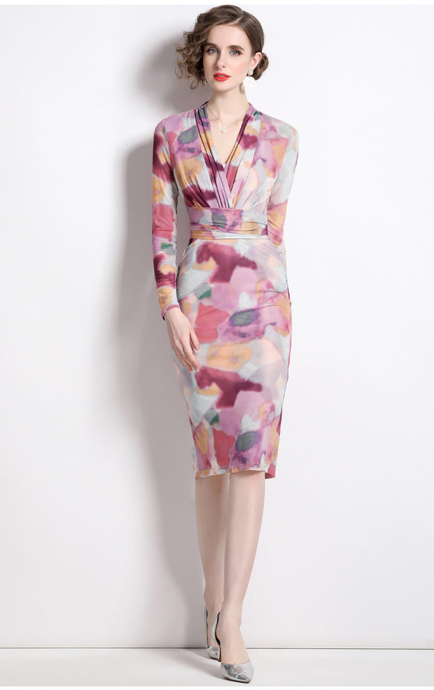Vintage Print Dress V-Neck Lace-Up Slimming MIDI Skirt
