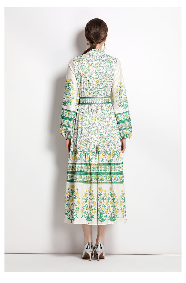 Fashion Retro Slimming Waist Collection Printed Temperament Full-Length Skirt Dress