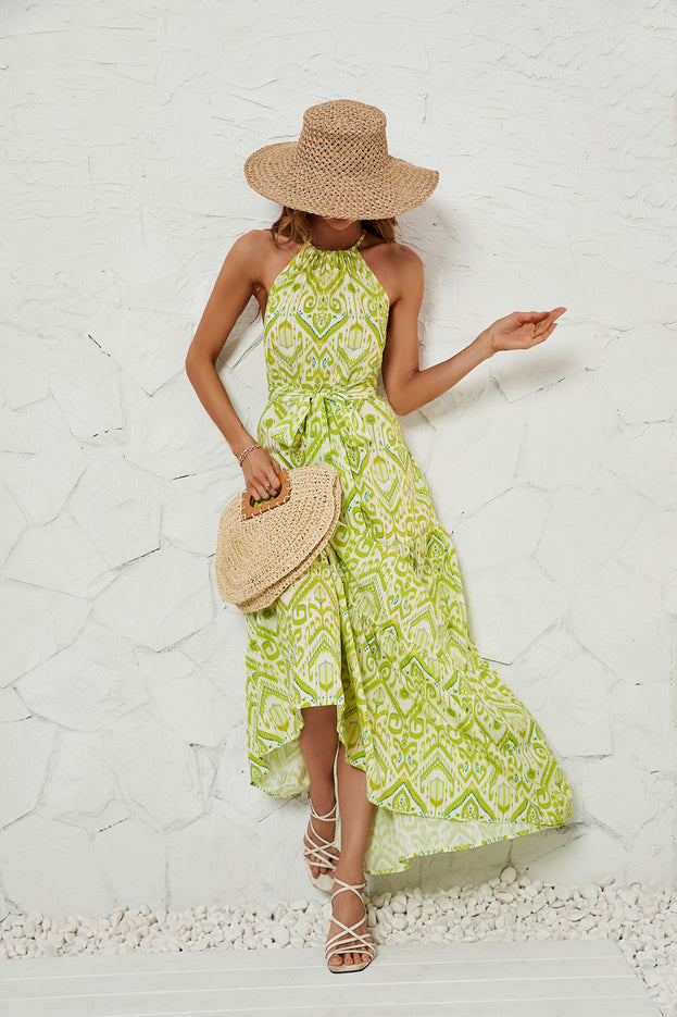 Summer Printed Fresh and Light Style Waist-Tie Halter-Neck Drawstring Dress for Women