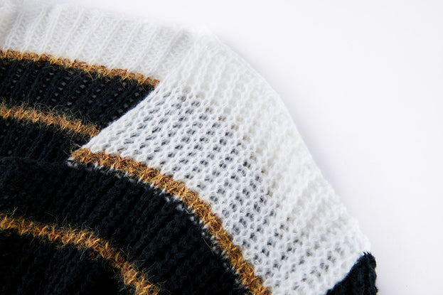 Striped Loose Slimming Color Pullover Sweater Crewneck Long-Sleeved Sweater