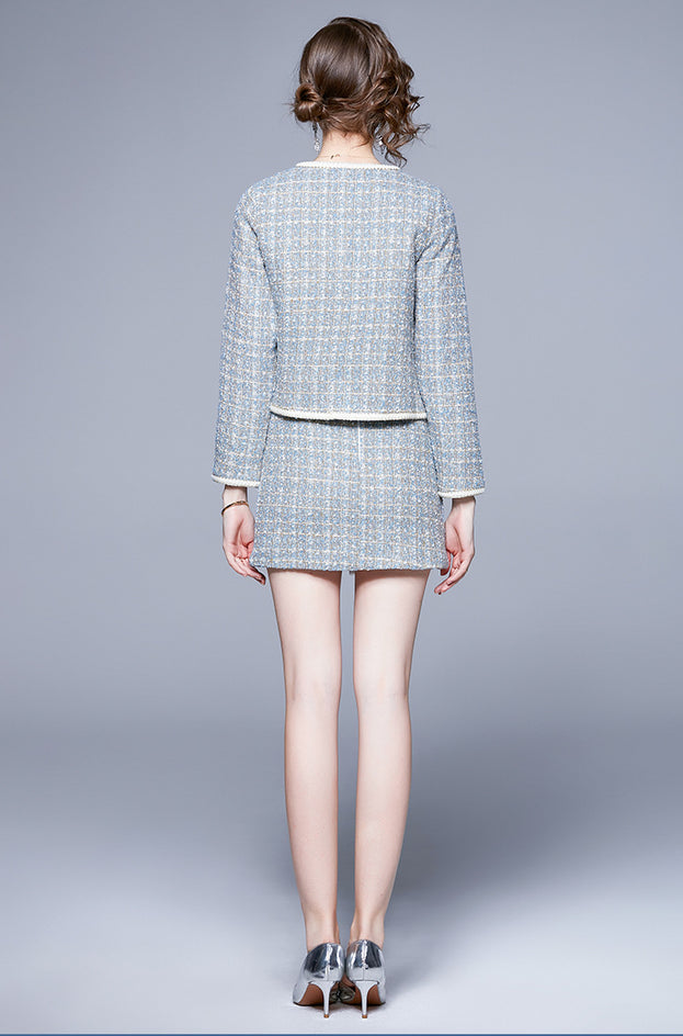 Women's Tweed Long Sleeve Coat and Short Skirt Temperament Two Piece Suit Skirt