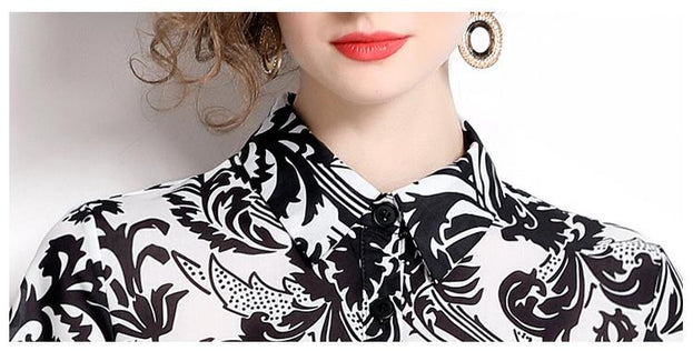 Vintage Print Short Sleeve Large Hem Slim Lapel Maxi Dress