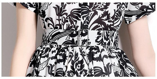 Vintage Print Short Sleeve Large Hem Slim Lapel Maxi Dress