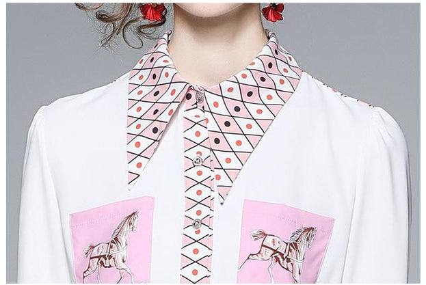 New Women's Retro Printed Long-Sleeved Top Shirt and Short Skirt Two-Piece Suit