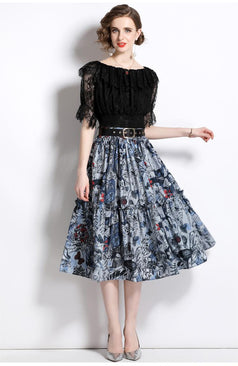 Women's One-Line Neck Lace Top and Vintage Printed Half Skirt Two-Piece Suit