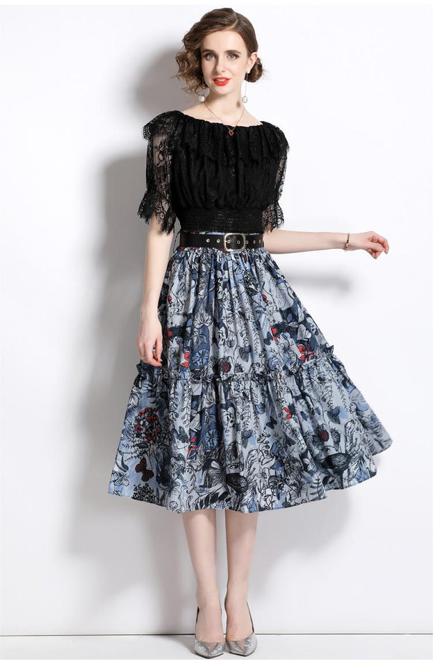 Women's One-Line Neck Lace Top and Vintage Printed Half Skirt Two-Piece Suit