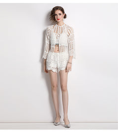 Lace Long-Sleeved Sunscreen Shirt and Small Halter Vest and High Waist Trimmed Shorts Three-Piece Suit