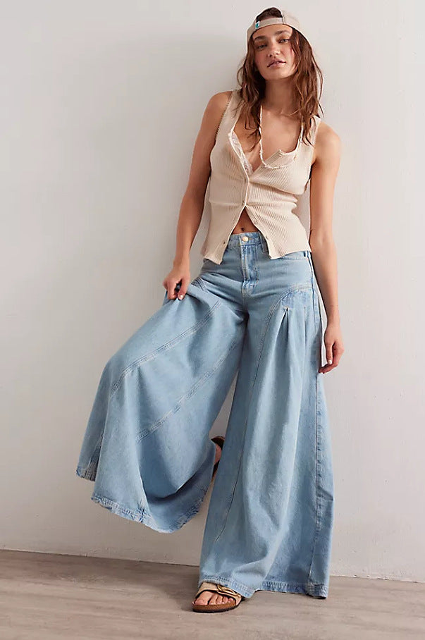 Fashion Casual Vintage-Style Middle-Waist Wide-Leg Denim Pant for Women