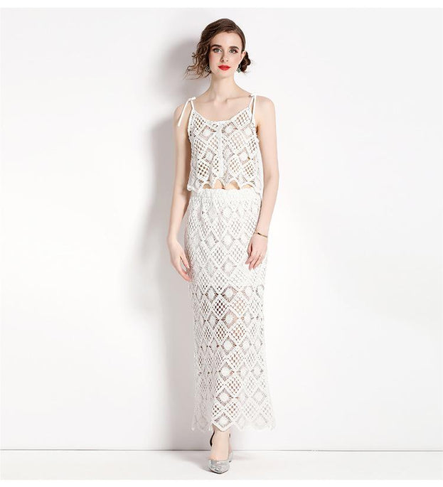 Hook Floral Embroidery Lace Hollowed Out Short Style Suspender and Bag Hip Split Half Dkirt Two-Piece Set