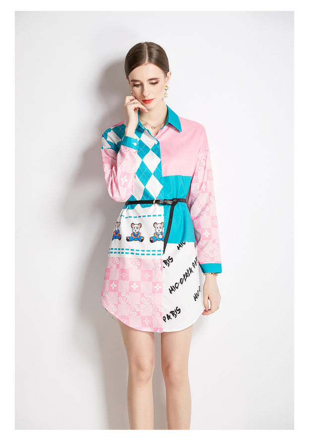 Long Sleeve Shirt Wth Lapel Collar Fashion Slim Vintage Printed Long Shirt
