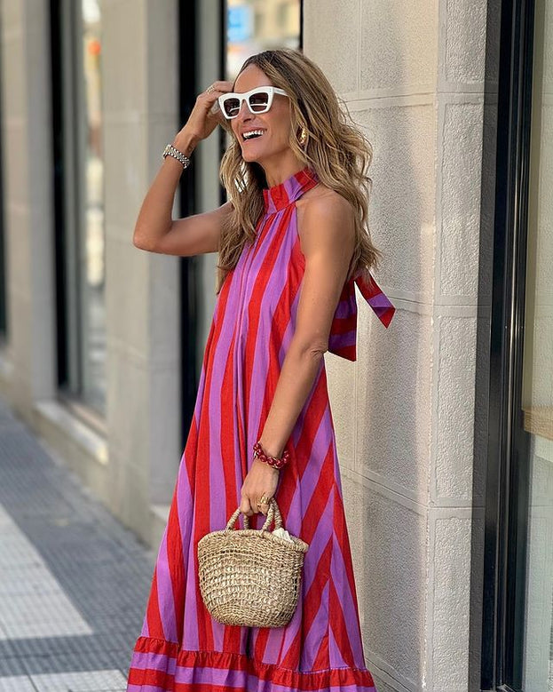 Summer Fashion Casual Striped Open-Back Holiday-Style Halter Dress for Women