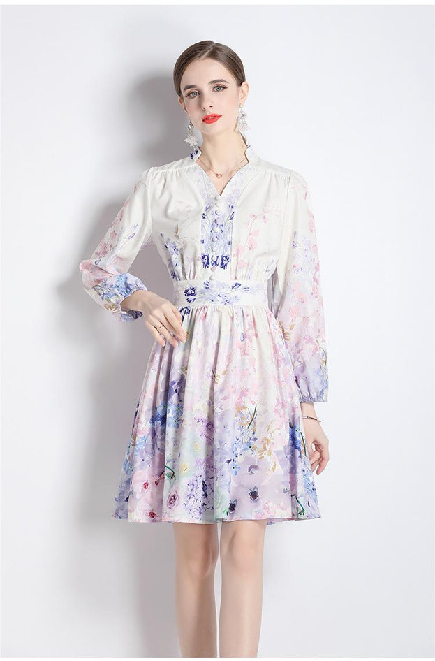V-Neck Vintage Print Long-Sleeved Dress Slim-Fit and Slim-Waist A-Line Skirt