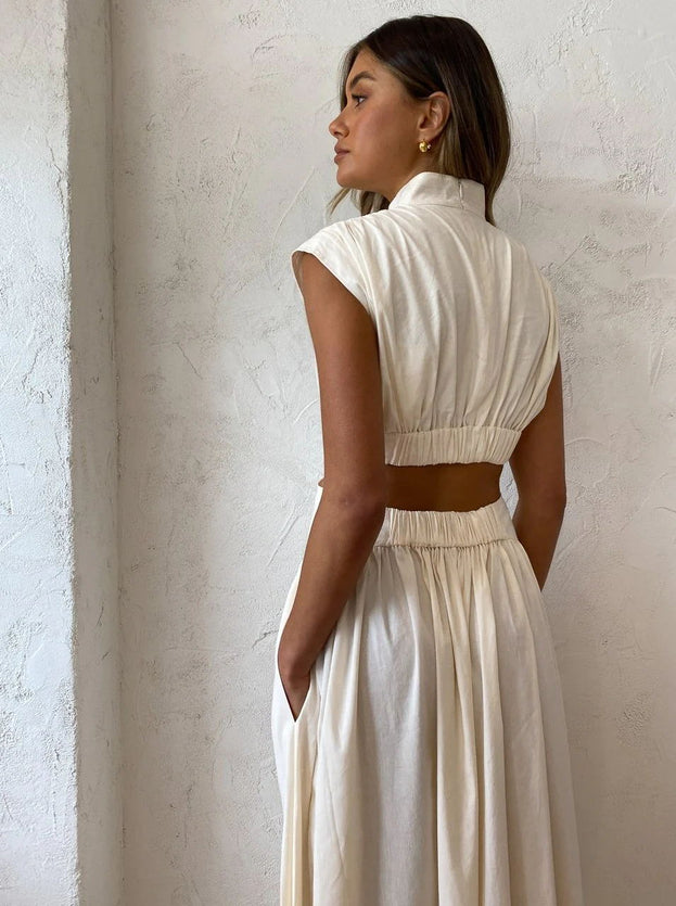Summer Casual High-Neck Waisted Cutout Pleated Short Sleeve Dress for Women
