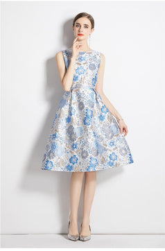 Slim-Fit, Waist-Closed Color Sleeveless Vest Jacquard Dress