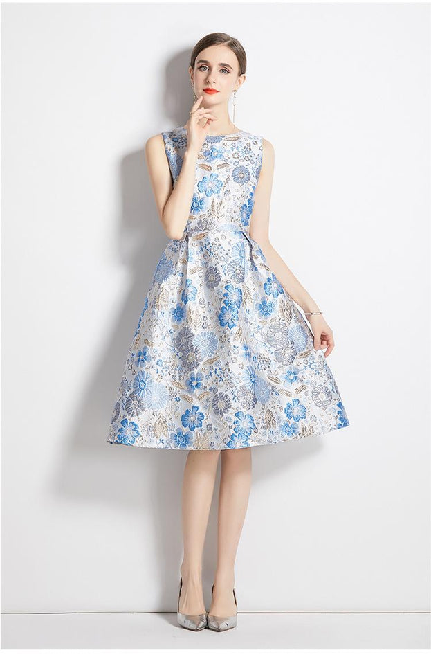 Slim-Fit, Waist-Closed Color Sleeveless Vest Jacquard Dress