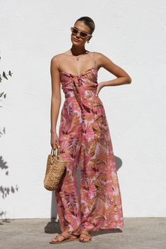 Summer Fashion Printed Waisted Wide-Leg Slip Jumpsuit for Women