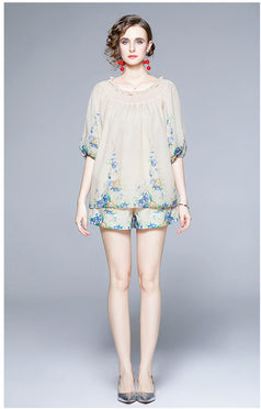 Line Neck See-Through Top and High Waist Shorts Breathable Suit