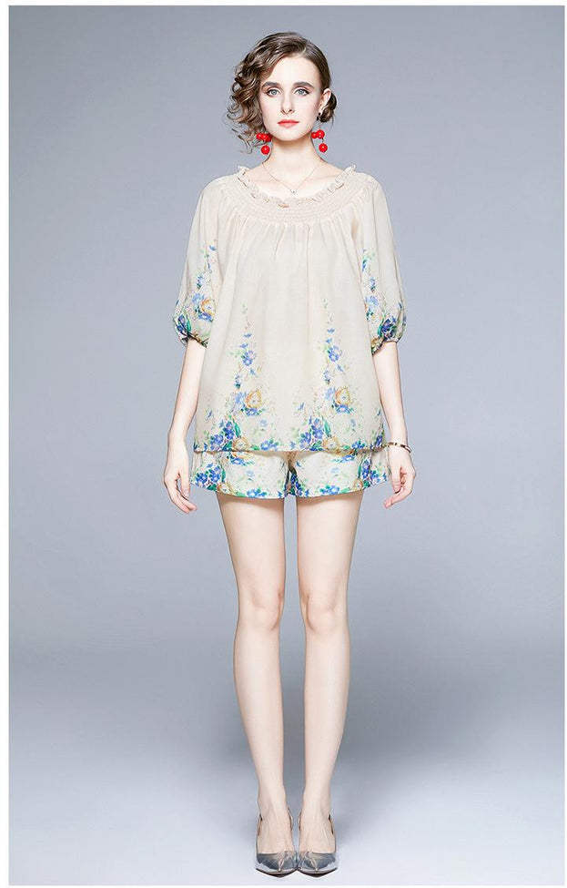 Line Neck See-Through Top and High Waist Shorts Breathable Suit