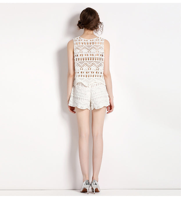 Knitted Hollowed Out Vest Loose Tassel Hook Floral Vest Top and Shorts Two-Piece Suit