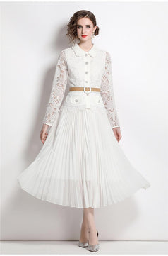 Water-Soluble Pleat Splicing Chiffon High-Waisted Lapel Long-Sleeved Fake Two-Piece Long Skirt Dress