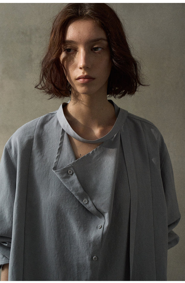 A Casual And Laid-Back With A Tencel Ribbon And Collar Women's Blouse