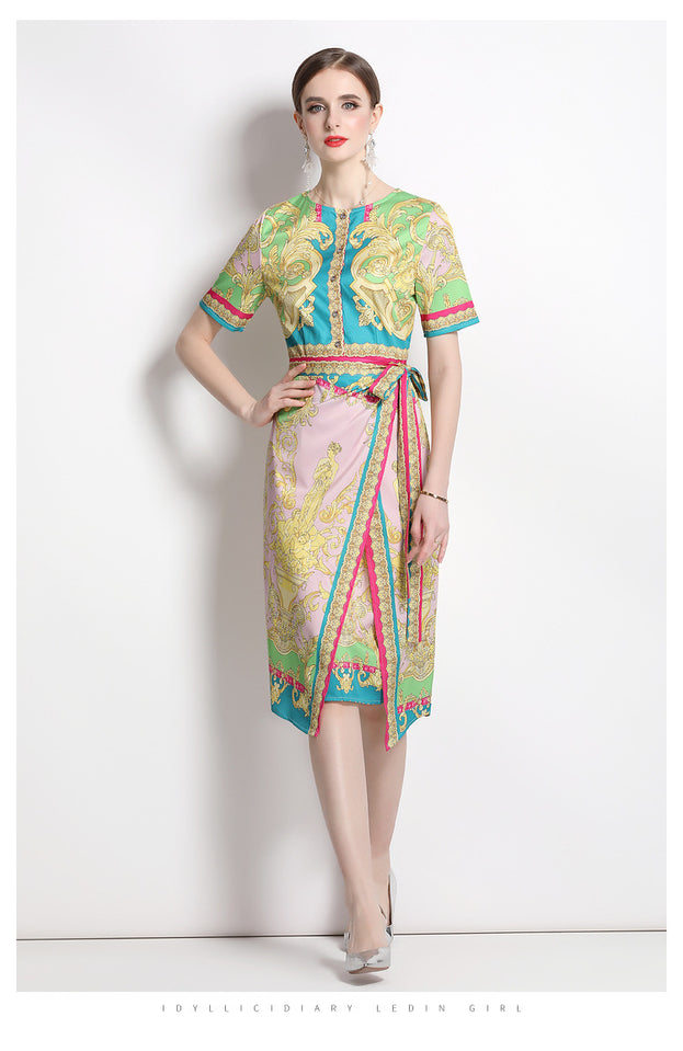 Vintage Print Print MIDI Dress with Waist Drawstring for Slimming