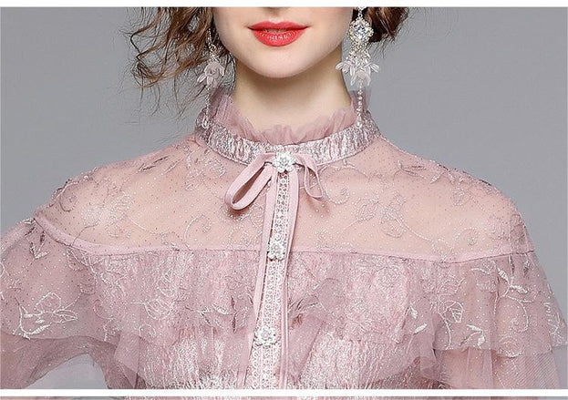 Fashion Vintage Gauze Embroidery Splicing Long-Sleeved Skirt Dress