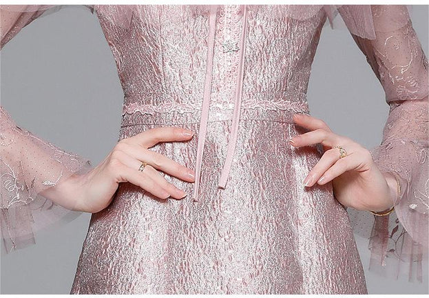 Fashion Vintage Gauze Embroidery Splicing Long-Sleeved Skirt Dress
