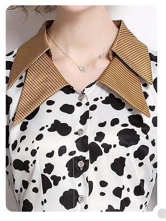 Fashion Vintage Print Dress Lapel Long-Sleeved Temperament Slim MIDI