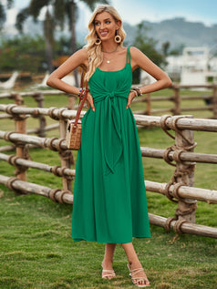 Summer Casual U-Neck Tie-Knot Waisted Loose Long Slip Dress for Women