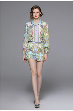 Temperament Palace Vintage Printed Long Sleeve Shirt and High Waist Shorts Suit Sants