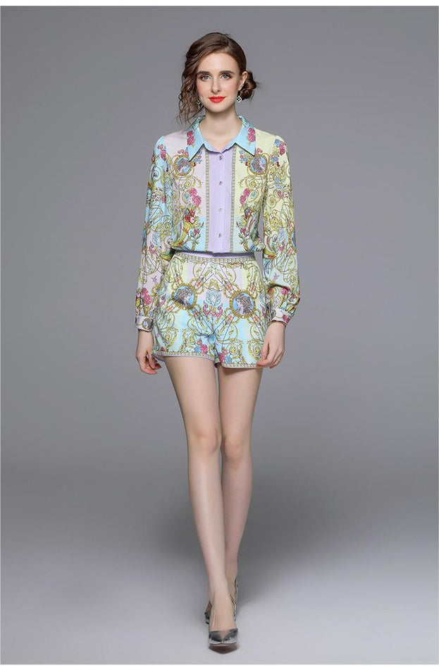 Temperament Palace Vintage Printed Long Sleeve Shirt and High Waist Shorts Suit Sants