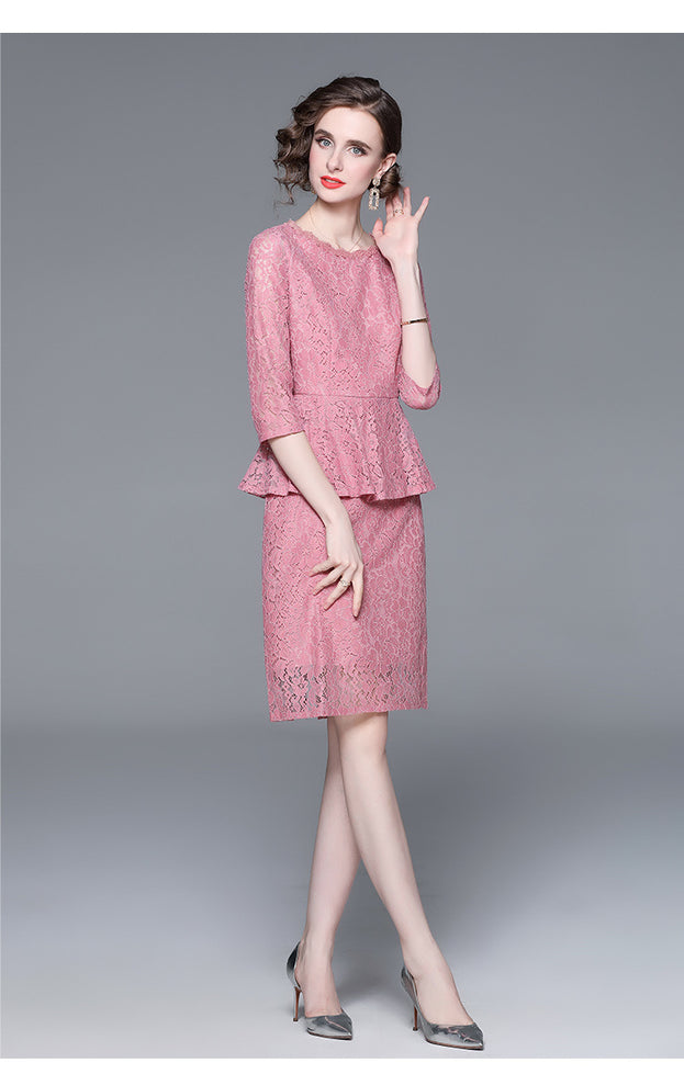 Temperament Elegant Lace Skirt Slim Slim Show Seven-Point Sleeve Mid-Skirt Dress