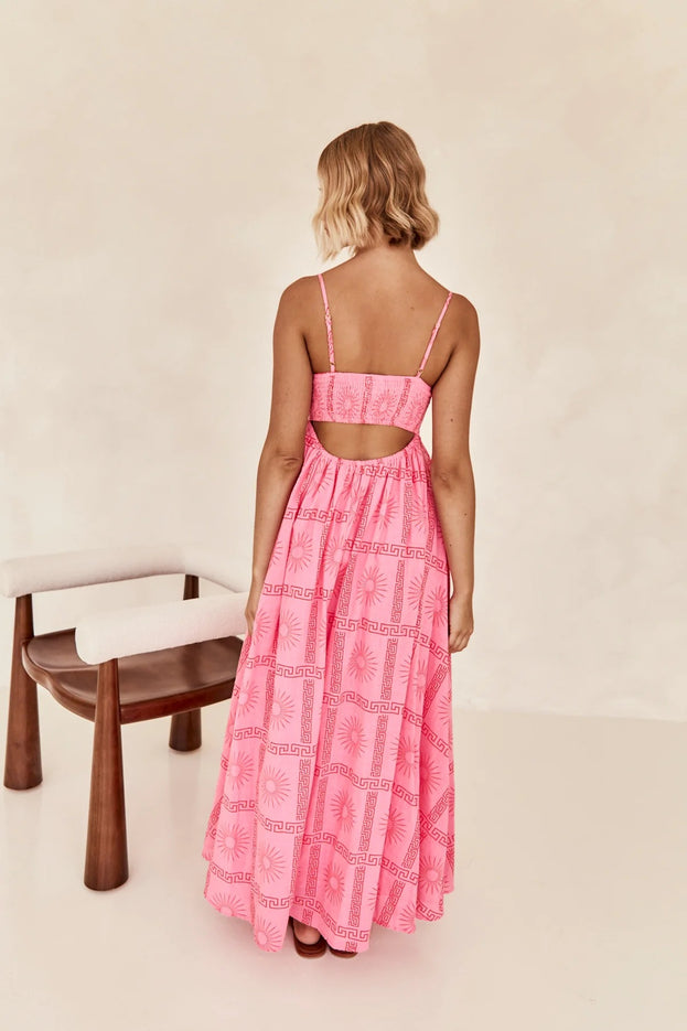 Summer Fashion Casual Cutout Printed Waisted Long Slip Dress for Women