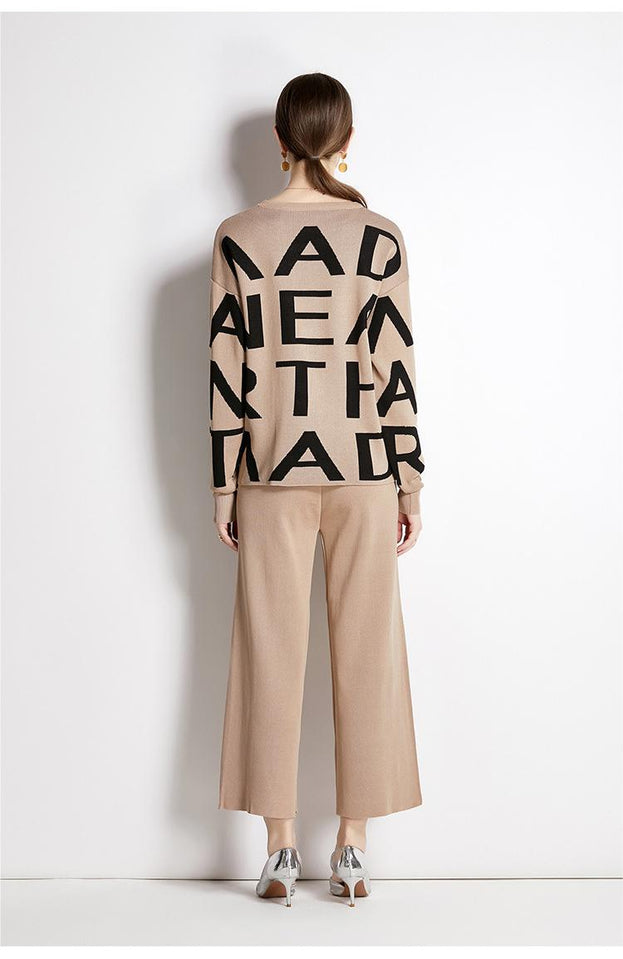 Monogram Sweater Top and Solid Pant Two-Piece Set