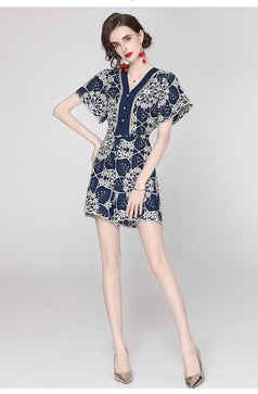 Temperament Elegant V-Neck Short Sleeve Embroidered Wide Leg Shorts Fashion Casual Jumpsuit