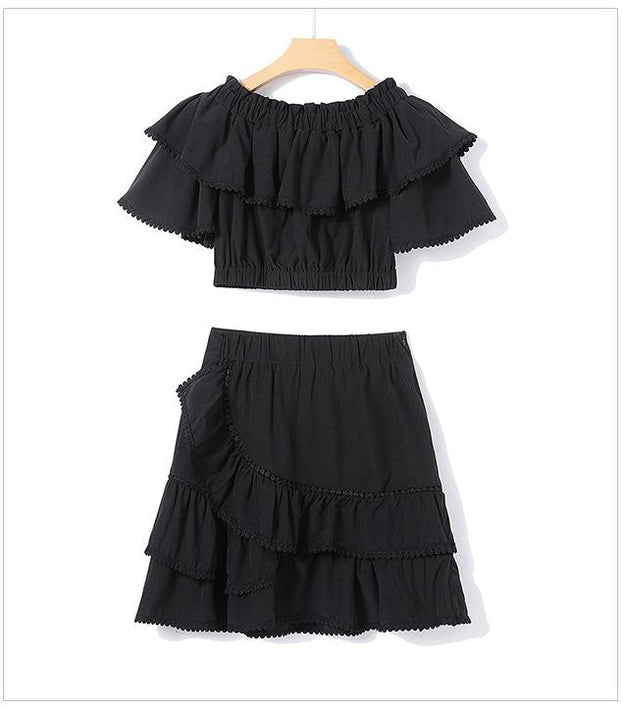 One Line Shoulder Wipe Chest Top and A Line Half Skirt Net Red Two-Piece Set