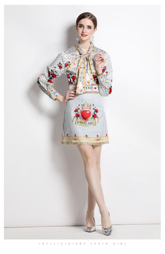 Women's Printed Bow Tie Long-Sleeved Shirt and Elegant High-Waisted Skirt Two-Piece Suit