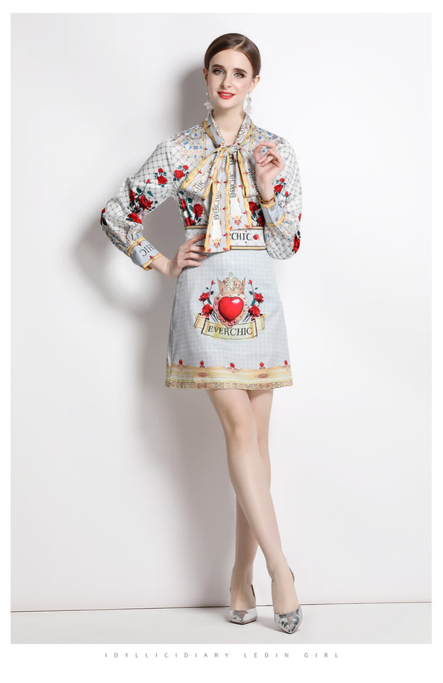 Women's Printed Bow Tie Long-Sleeved Shirt and Elegant High-Waisted Skirt Two-Piece Suit