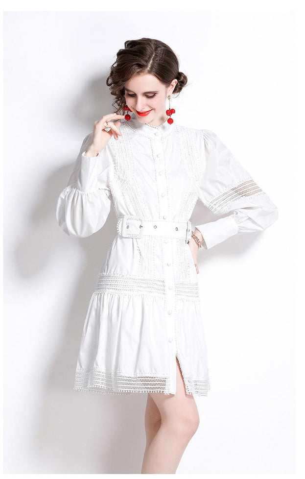 Thin Lace Patchwork Lantern Sleeve White Dress